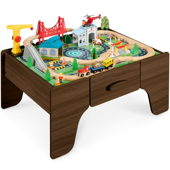 Best Choice Products Wooden Train Set Table for kids, 56pc Multi-Activity Table for Kids w/Toy Storage Drawer & Reversible Top  - Walnut
