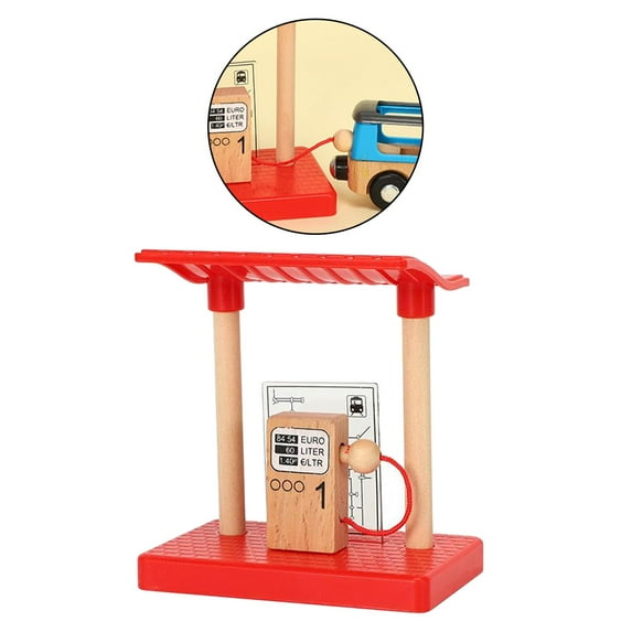 Wooden Train Set for Station Platform, Crossroad Raised Bridge And Gas Wood Toy Train for 3,4,5 Year Old Boys And Girls