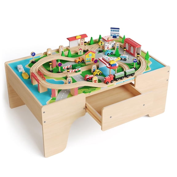 Wooden Train Table Set 78/84-Piece for Children with Reversible Activity Top and Built-in Storage Drawer, Complete Train Tracks and City Playset Natural Wood