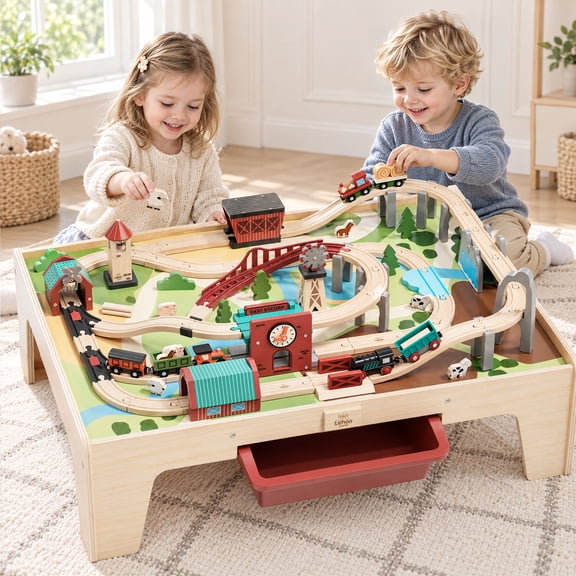 Wooden Train Table with Storage, Farm-Themed Wooden Train Set with 2 Hanging Drawers, Elevated Tracks, Motorized Train and Metal Cross Support, 36.8-Inch Kids Activity Table