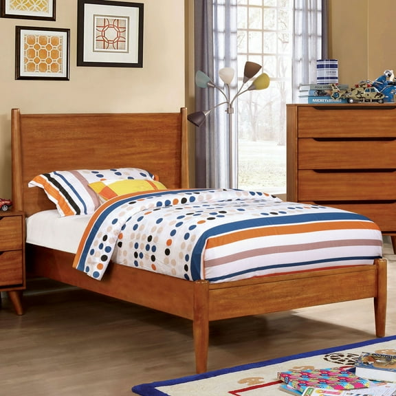 Benjara Wooden Transitional Twin Bed With Round Tapered Legs, Oak Brown