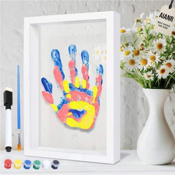 Wooden Transparent Handprint Frame DIY Craft Keepsake Kit Acrylic Boards Paint Pens Shadow Box Display Wall Tabletop Memory Gift for Families Couples Pets Grandparents Home Decor