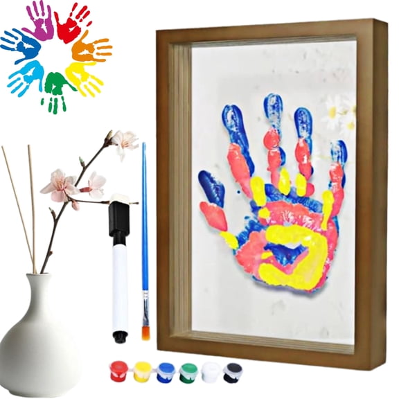 Wooden Transparent Handprint Frame DIY Craft Keepsake Kit Acrylic Boards Paint Pens Shadow Box Display Wall Tabletop Memory Gift for Families Couples Pets Grandparents Home Decor