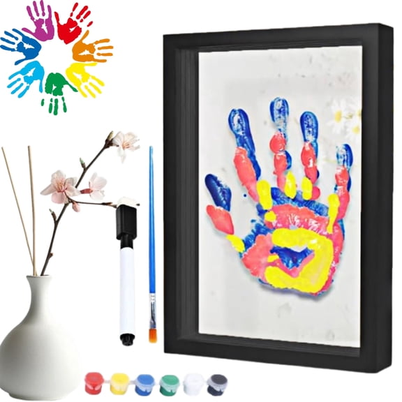 Wooden Transparent Handprint Frame DIY Craft Keepsake Kit Acrylic Boards Paint Pens Shadow Box Display Wall Tabletop Memory Gift for Families Couples Pets Grandparents Home Decor