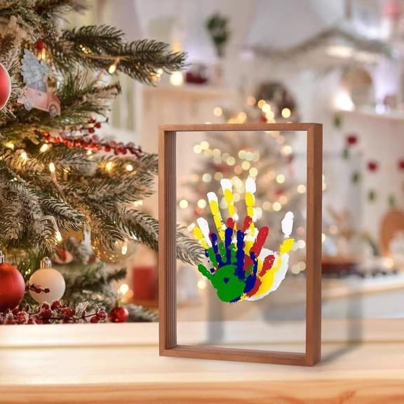 Wooden Transparent Handprint Photo Frame, Family Handprint Shadow Box Kit for 4, DIY Hand and Footprint Handmade Keepsake Wooden Frame Family Endless Gift Set