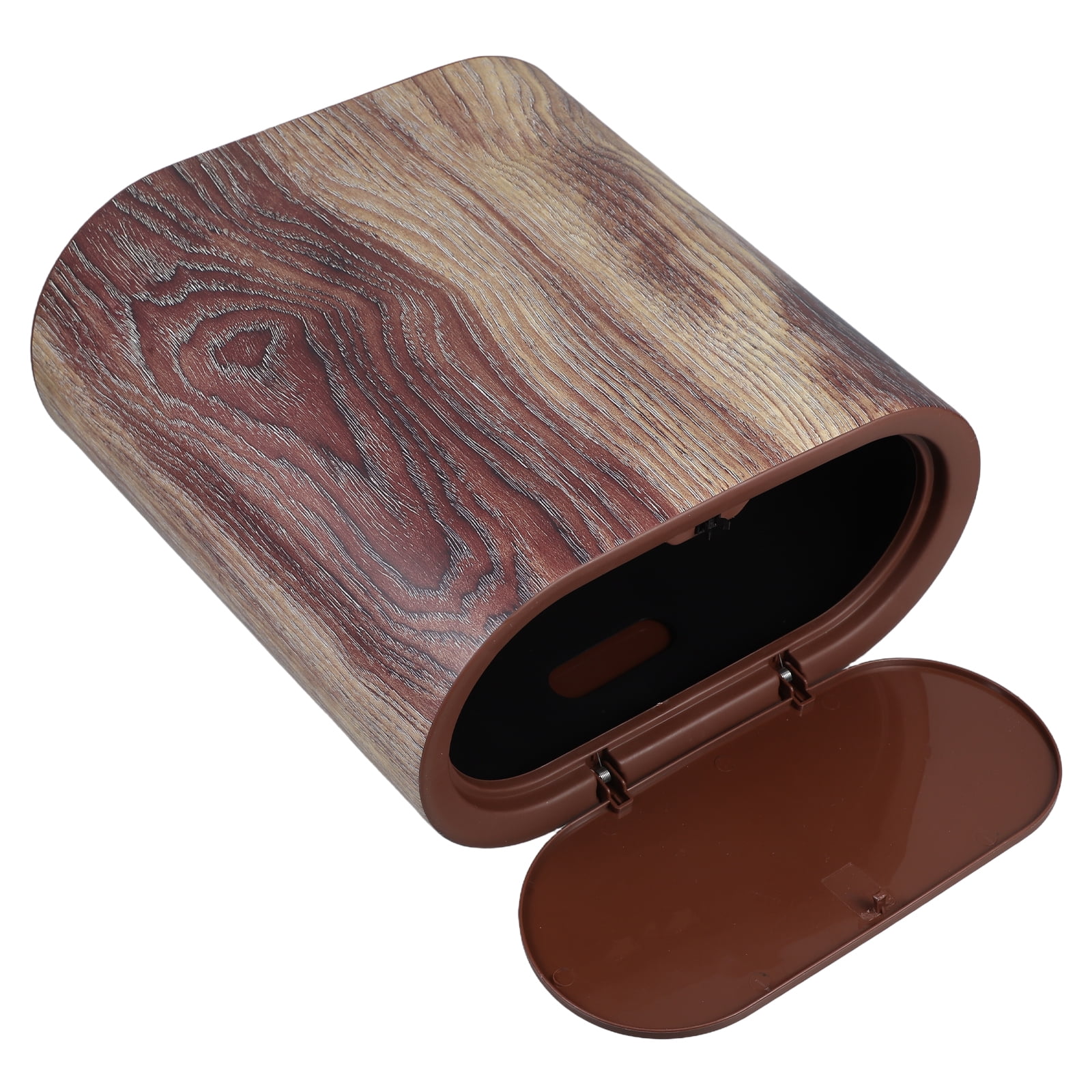 Space Saving Wood Grain Plastic Trash Can With Lid For Bathroom Kitchen Living Room And Office Compact Waste Container For Small Spaces