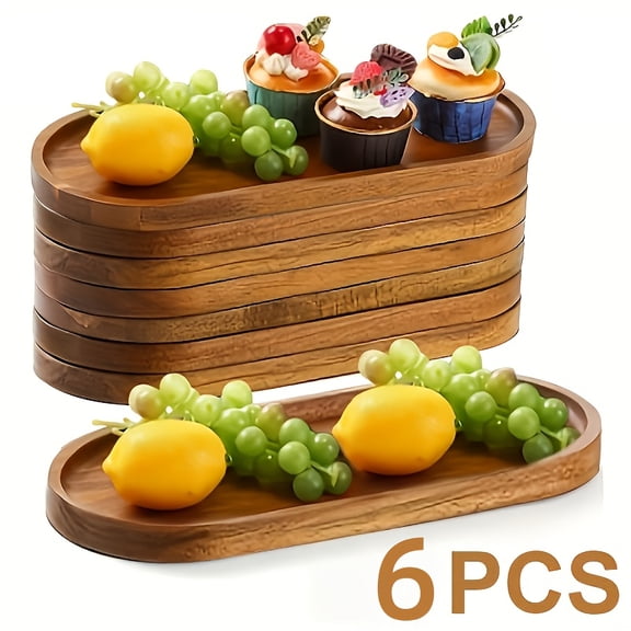 Wooden Tray 6 Oval Meat Plates | 4.12 Inches And 11.42 Inches Wooden Dinner Plates, Dessert, Snack, Bread, Fruit, Cheese Tray For Appetizers