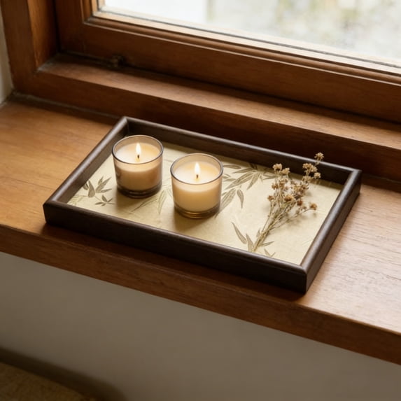 Wooden Tray with Embroidery Bamboo Leaf Pattern, Decorative Serving Tray for Coffee Table, Entryway, Bathroom, Small Item Organizer for Keys, Jewelry, Coins, Rustic Home Decor Accent, Yellow