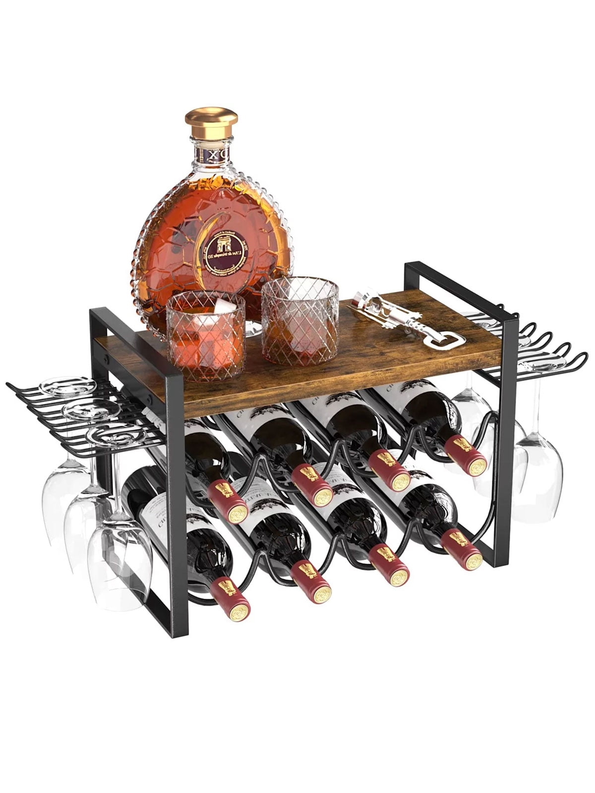 Wooden Tray Metal Wine Rack, Casacomfy Wine Rack with Stemware Glass Holder Holding 8 Bottles and 4~6 Wine Glasses, Home Decor Kitchen Storage Rack for Kitchen, Pantry, Cellar, Bar
