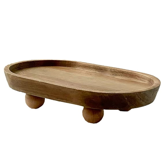 Wooden Tray Round Wood Pedestal Stand Decorative Display For Ounter Tabletop Centerpieces Entry Table Farmhouse Kitchen Tabletop 1pc Home Ornament Khaki 19.8x11.3x4.8cm