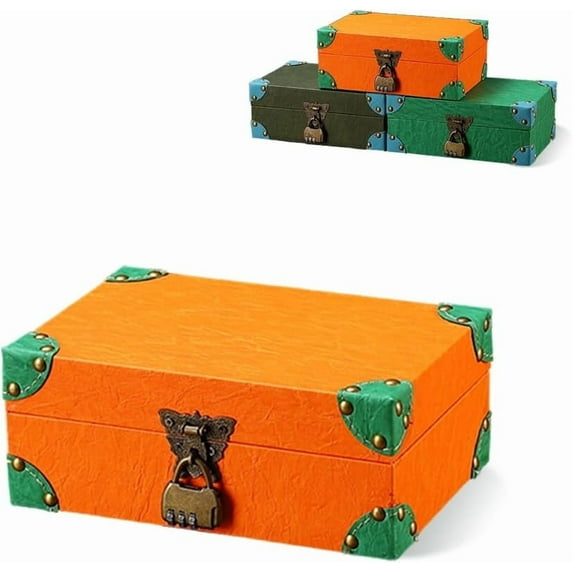 Wooden Treasure Chest Box With Lock Handcrafted Leather Jewelry Storage Box European Decorative Vintage Box For Jewelry Cosmetics Special Gifts Handmade Storage Box Treasure Chest Orange