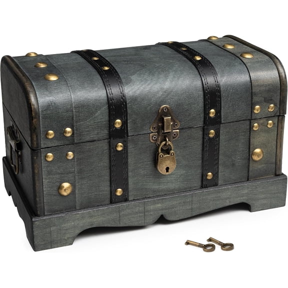 Wooden Treasure Chest Box with Tray, Lockable Trunk, 11.8x7x7 in