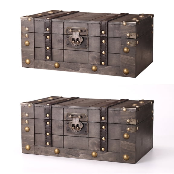 Renyuanyuan Treasure Chest, 12.9 x 7.8 x 5.5 in, Wooden, Antique Rectangle Rustic, with Lid, for Jewelry, Photos, Mementos, Home Decor