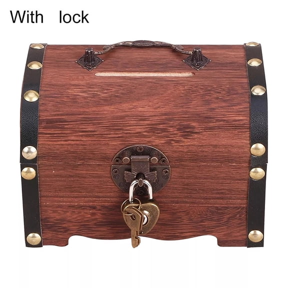 Wooden Treasure Chest with Lock and Key Retro Wooden Lid Piggy Bank Coin Box