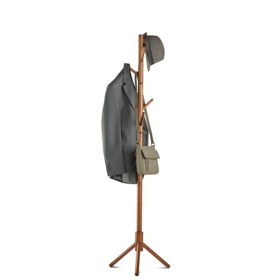 Wooden Tree Coat Rack Stand, 6 Hooks - 3 Adjustable Sizes Free Standing Coat Rack, Hallway / Entryway Coat Hanger Stand for Clothes, Suits, Accessories
