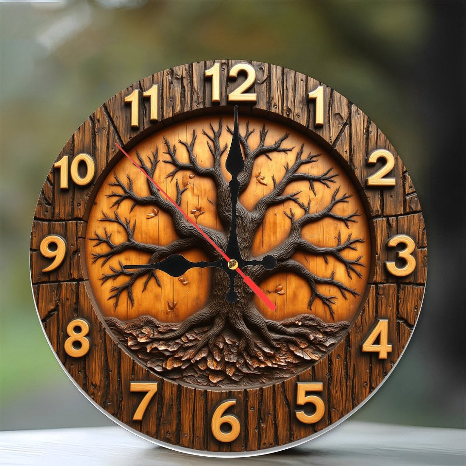 Wooden Tree Of Life Wall Clock Carved Rustic Home Decor 10-Inch Silent ...