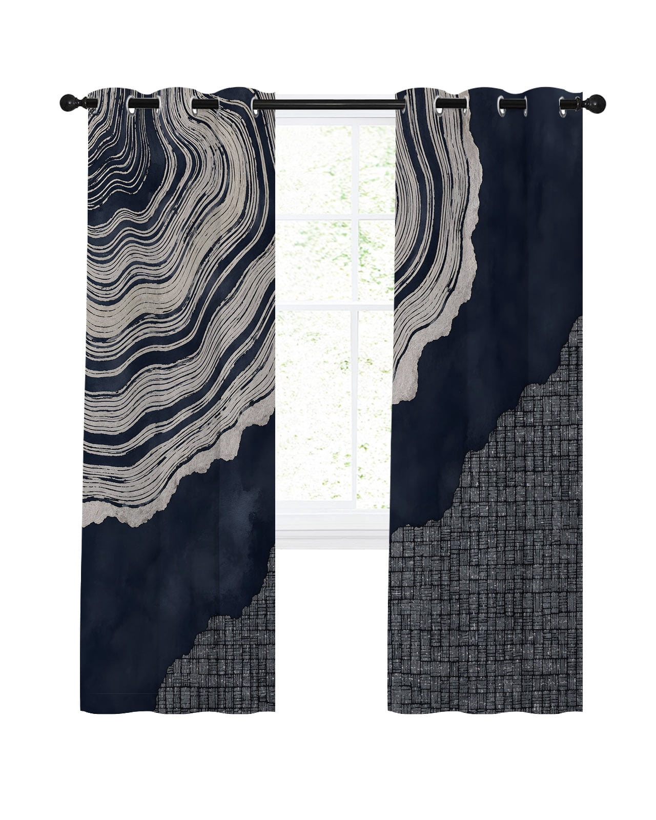 Wooden Tree Rings Blackout Curtains 63 Inches Length, Abstract Navy ...