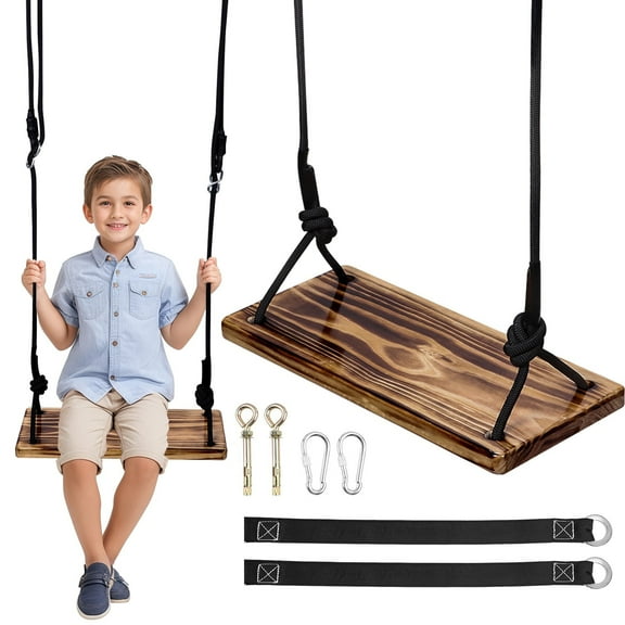 Wooden Tree Swing, Heavy Duty Wooden Swing 440lbs Max Load, Waterproof Hanging Swing Seat with Adjustable Height for Indoor, Outdoor, Backyard, Garden, Playground