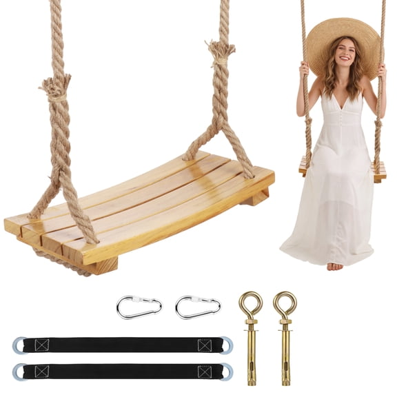 Wooden Tree Swing, 330 lbs Load Capacity Hanging Swing Seat with Adjustable Jute Rope for Adults, Curved Wooden Build Tree Swing for Porch, Yard, Garden
