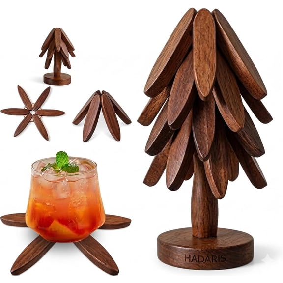 Wooden Tree Trivet Set for Hot Dishes - 3 Pcs Foldable Heat Resistant Wood Coasters, Natural Walnut Finish Pot Holders for Kitchen Countertops and Dining Table, Unique Tree-Shaped Decor