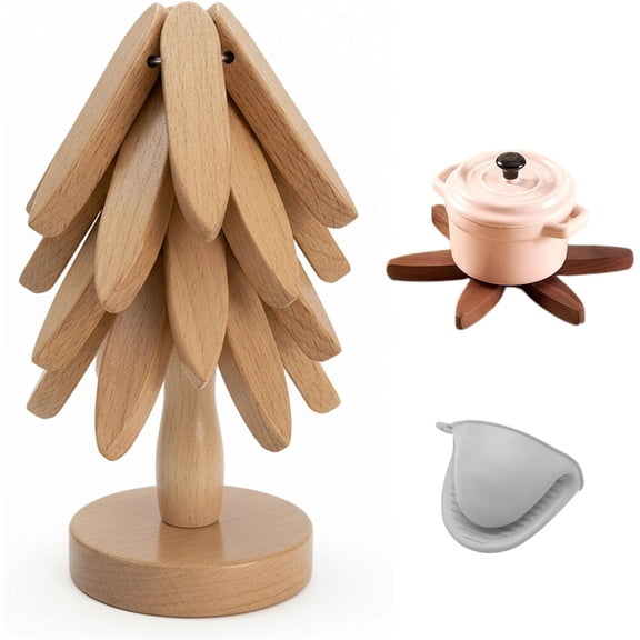 Wooden Tree Trivet Set for Hot Dishes Foldable Hot Dish Trivets with Stand, Tree Shape, Heat Resistant for Pots, Pans, Bowls, Teapots, Kitchen Counter Protector (Beech Wood (4 Trivets + 1 Stand))
