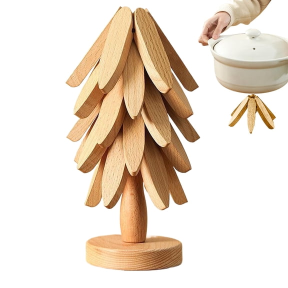 Wooden Tree Trivet Set,Natural Christmas Tree Trivet with 4 Wooden Trivets & 1 Stand Like A Christmas Trees Kitchen Counter Decor,Wood Hot Pad Holder for Plates, Dining Table Protection.
