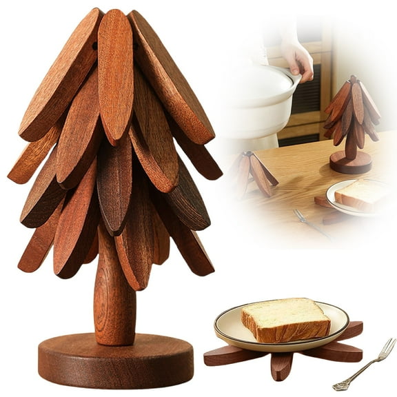 Wooden Tree Trivet Set, Wooden Trivet Tree, Foldable Kitchen Tree Trivet, 4 Wooden Trivet+1 Stand, Wood Coasters for Hot Pots, Pans, Bowl, Dishes, Teapots, Hot Pot Holder Tree Shape Trivet Set, Brown