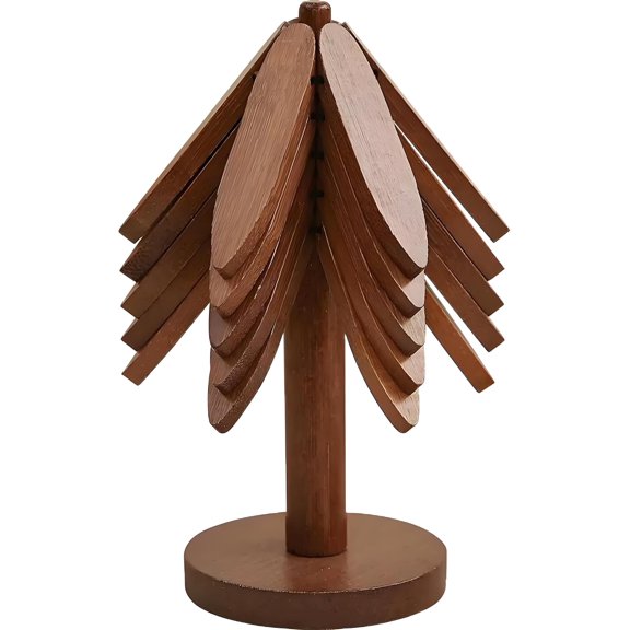 Wooden Tree Trivets,atural Foldable Black Walnut Wooden Trivet Set,5 Trivets + 1 Stand,Foldable Kitchen Wooden Trivet,for Hot Dishes,Pot,Bowl,Teapot,Hot Pot Holder