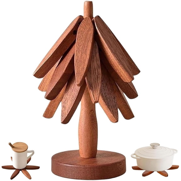 Wooden Tree Trivets for Hot Dishes Set of 4 with Stand, Natural Foldable Kitchen Trivets for Pots, Pans, Bowls & Teapots - Walnut