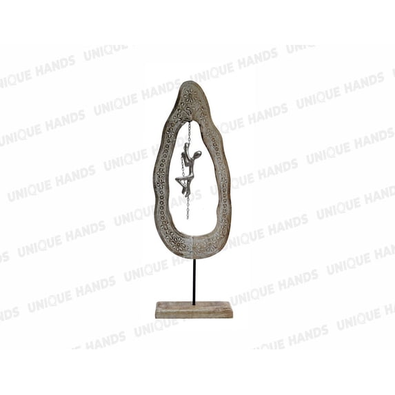 Wooden Tree Trunk Slab with Metal Climbing Silver Man Sculpture Home Indoor Tabletop Centerpiece Decorations