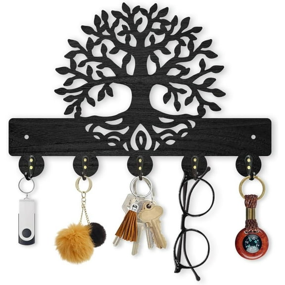 Wooden Tree of Life Key Hook Wall Mounted Botanical Theme Key Hangers 11.87.9inch Leaf Roots Black Art Coat Rack for Wall Bedroom Living Room