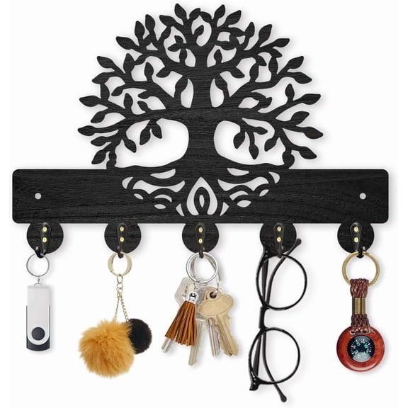 Wooden Tree of Life Key Hook Wall Mounted Botanical Theme Key Hangers 11.87.9inch Leaf Roots Black Art Coat Rack for Wall with 5 Alloy Hooks