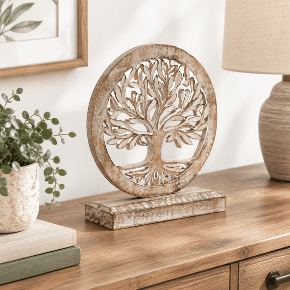 Wooden Tree of Life Table Sculpture, Handmade Carved Engraved Antique White Decor Statue