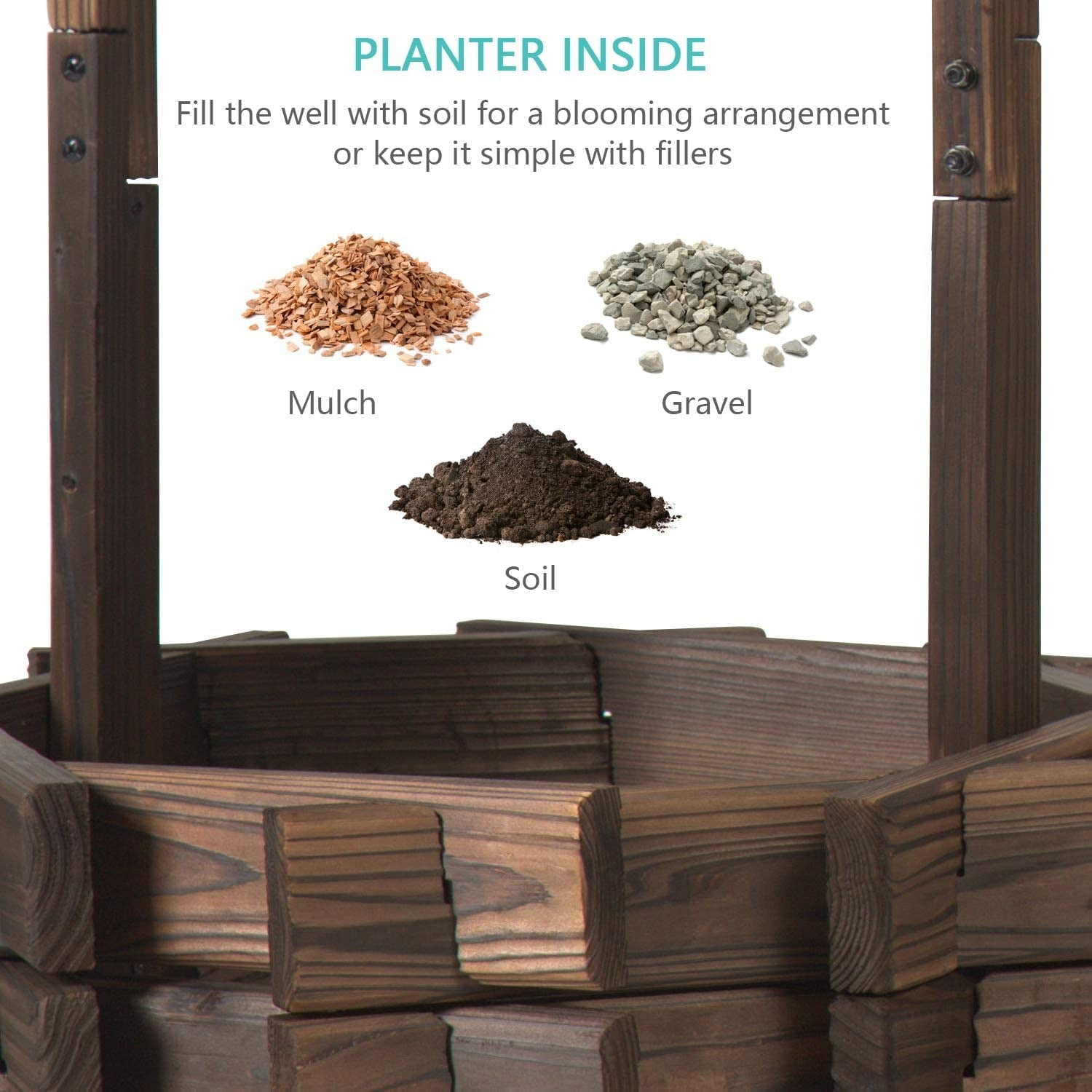 Rustic Brown Fir Wood Wishing Well Planter with Hanging Buckets