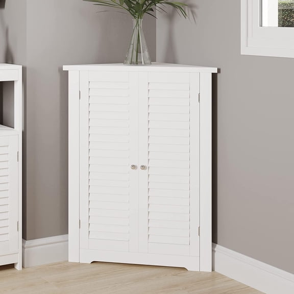 Wooden Triangle Bathroom - Kitchen Corner Shelves Cabinet with Shutter Doors, Free Floor Standing Adjustable Shelf Organizer Unit, for Living Room, Entryway