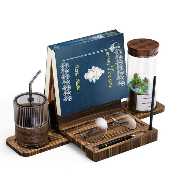 Wooden Triangle Book Holder for Page Rest, Bookmark Holder with Retractable Cup Holder, Desk Decor Book Rest for Pen, Glasses, Book Display Stand for Bedroom Nightstand, Office Book Lovers