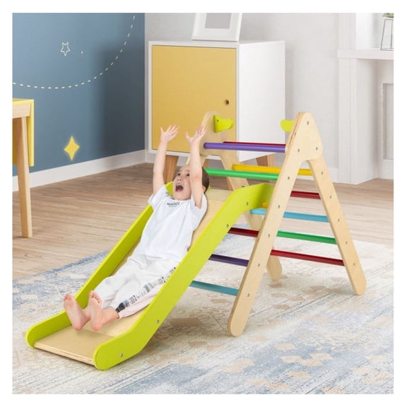 Wooden Triangle Climber Set with Slide, Adjustable 2-in-1 Climbing Toys for Toddlers - Beech Wood, Indoor Outdoor Play Equipment for Kids Ages 1+