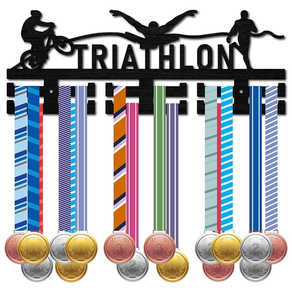 Wooden Triathlon Medal Holder Medal Hanger Display Swim Bike Run Sport Medal Rack Wall Rack Mounted over 30 Medals Awards Ribbon Stand