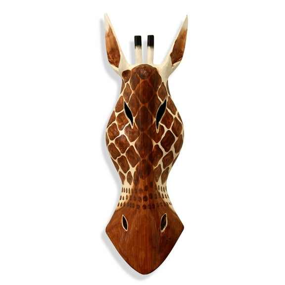 Wooden Tribal Giraffe Mask Brown White Hand Carved Wall Plaque Hanging Home Decor Accent Unique Sculpture Decoration Handmade Handcrafted Decorative Size: 12" Tall x 5" Wide x 1.5" Deep
