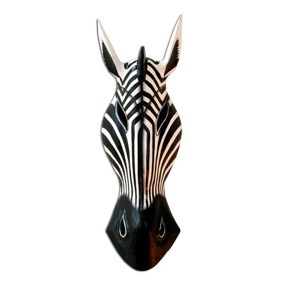 Wooden Tribal Zebra Mask Black White Stripe Hand Carved Wall Plaque Hanging Home Decor Accent Art Unique Sculpture Decoration Handmade Handcrafted Size: 20" Tall x 6" Wide x 2.5" Deep