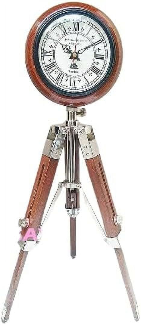Wooden Tripod Stand with Brass Clock, Adjustable Tripod Stand