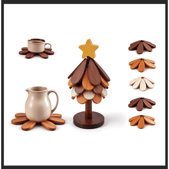 Wooden Trivet Set for Hot Dishes with Tree-Shaped Storage Stand, Multicolor Table Protectors for Pots and Pans