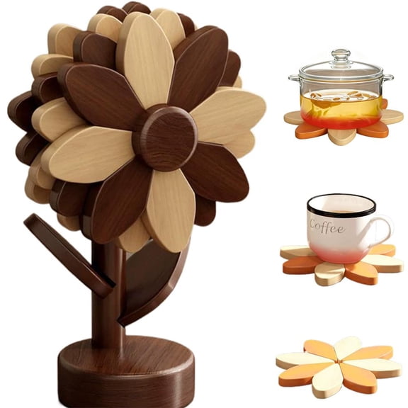 5PCS Wooden Trivets For Hot Dishes, Sunflower Kitchen Decor, Sunflower Hot Dishes Tree Shape Trivet Set For Hot Pot Holders Bowl Pot For Kitchen - Color B