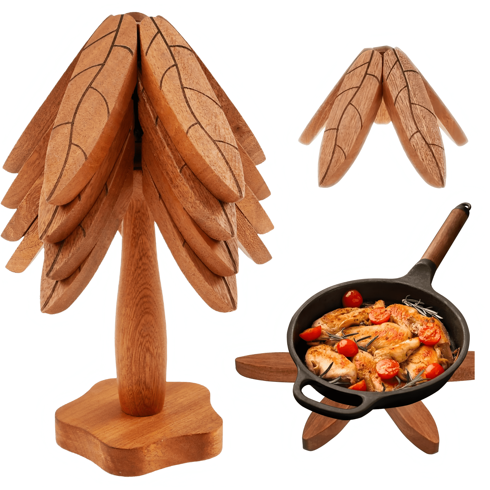 Wooden Trivets For Hot Dishes, Hot Pot Holder For Kitchen Foldable Tree Coaster For Cup And Teapot Wooden Gifts For Kitchen And Dining