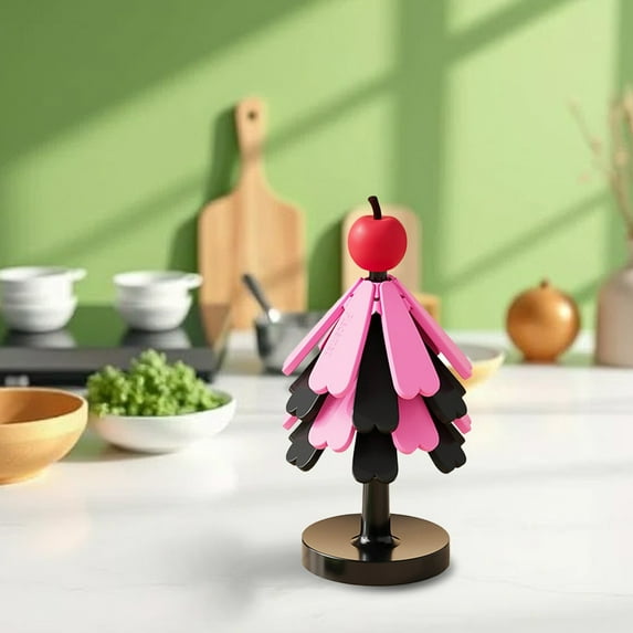 Wooden Trivets for Hot Dishes, Tree Shape Trivet Set,3 Wood + 1 Stand stored Like a Christmas Tree,Foldable Kitchen Wooden Trivet,for Hot Dishes,Pot,Bowl,Teapot,Hot Pot Holder,Pink,3.94x9.25"