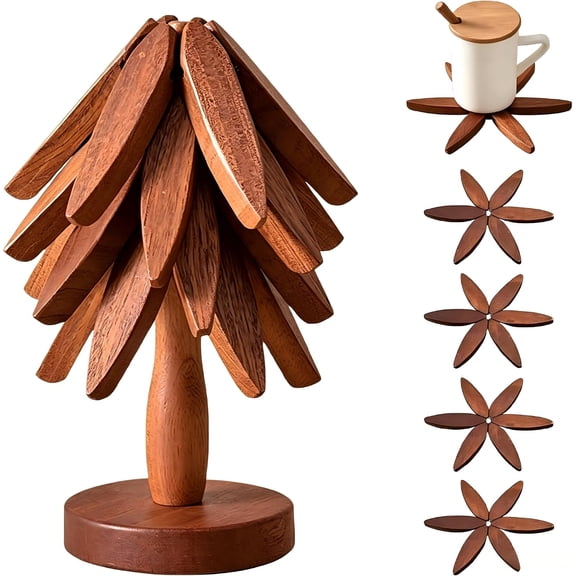 Wooden Trivets for Hot Dishes, Tree Shape Trivet Set, 4 Walnut Wood + 1 Stand stored Like a Christmas Tree,Foldable Kitchen Wooden Trivet for Hot DishesPotBowlTeapotHot Pot Holde (Brown
