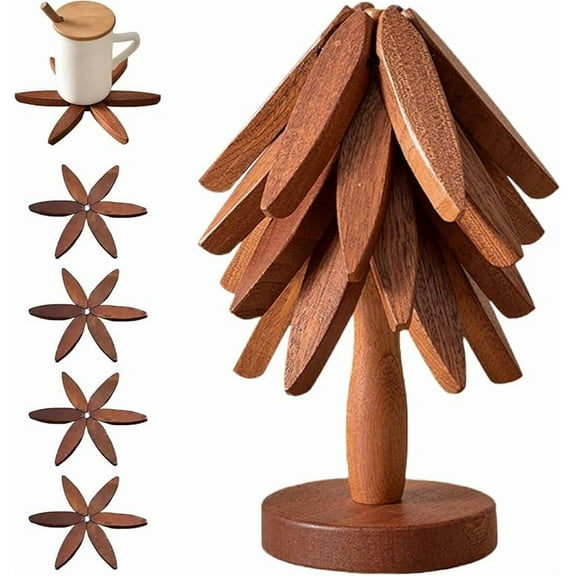 Wooden Trivets for Hot Dishes， Tree Shape Trivet Set,Trivets for Hot Dishes - 4 Wooden Trivets   1 Stand stored Like a Christmas Tree