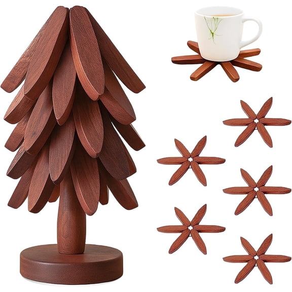 Wooden Trivets for Hot Dishes-Tree Shape Trivet Set, 4 Walnut Wood + 1 Stand stored Like a Christmas Tree,Foldable Kitchen Wooden Trivet,for Hot Dishes Pot Bowl Teapot Hot Pot Holder