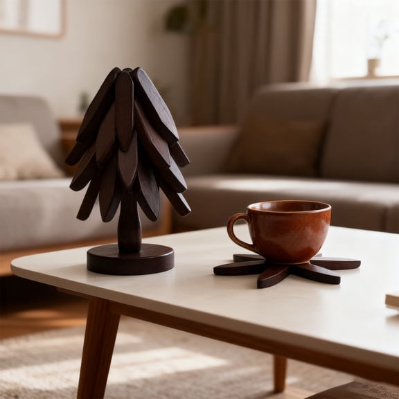 Wooden Trivets for Hot Dishes, Tree Shape Trivet Set, 4 Walnut Wood Trivets with Storage Stand, Foldable Kitchen Hot Pot Holder for Pot, Bowl, Teapot, Cookware