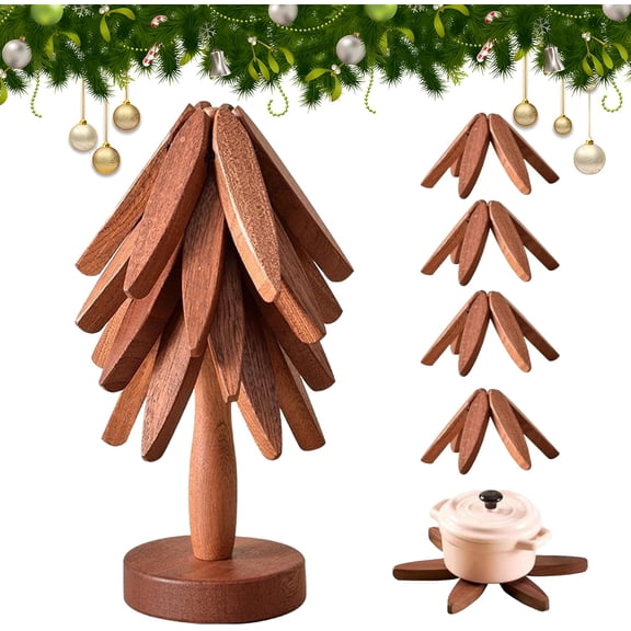 Wooden Trivets for Hot Dishes, Tree Shape Trivet Set, Foldable Kitchen Wooden Trivets, Tree Coaster for Hot DishesPotBowlteapothot Pot Holders (4 Piece-Walnut)